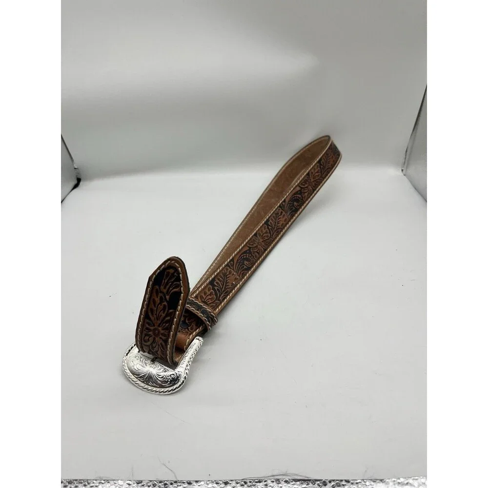 Tony Lama Tooled Floral Leather Mens Western Belt Size 38 Brown Silver C40064